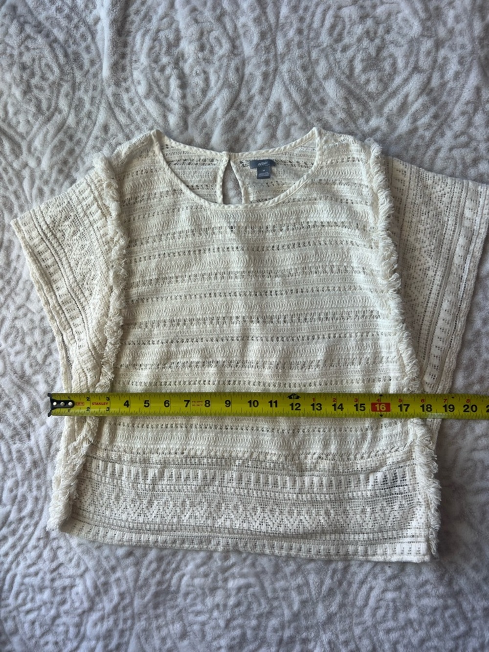 NWOT Aerie White Open-Knit Fringe Trim Short Sleeve Boho Top | Size M - Picture 6 of 10